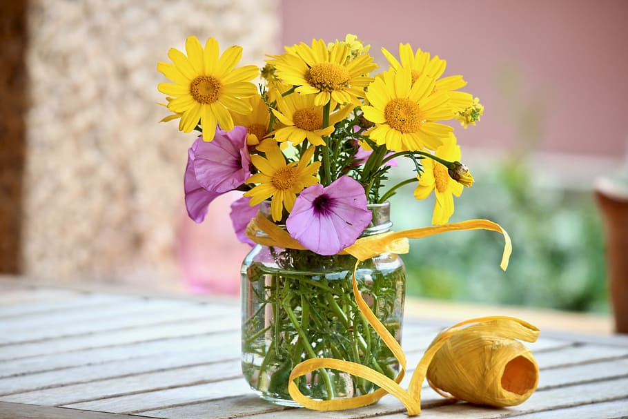 yellow, pink, flowers, clear, glass jar, wildflowers, spring, margaret, raffia, summer