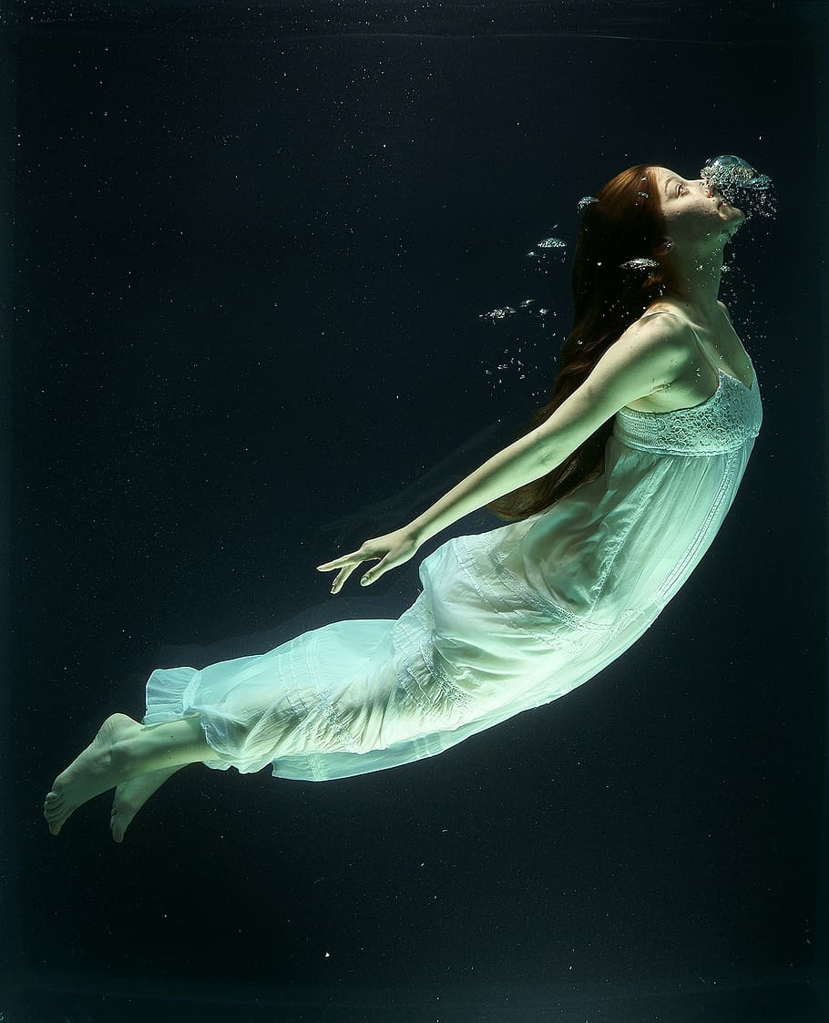 woman, wearing, sleeveless dress, diving, under water, fashion, increased, water, tank, fine art