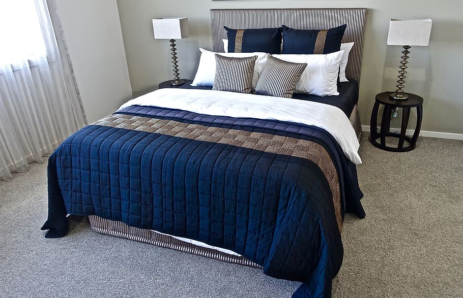blue, mattress, gray, bed frame, bed, bedroom, pillows, design, modern, comfort