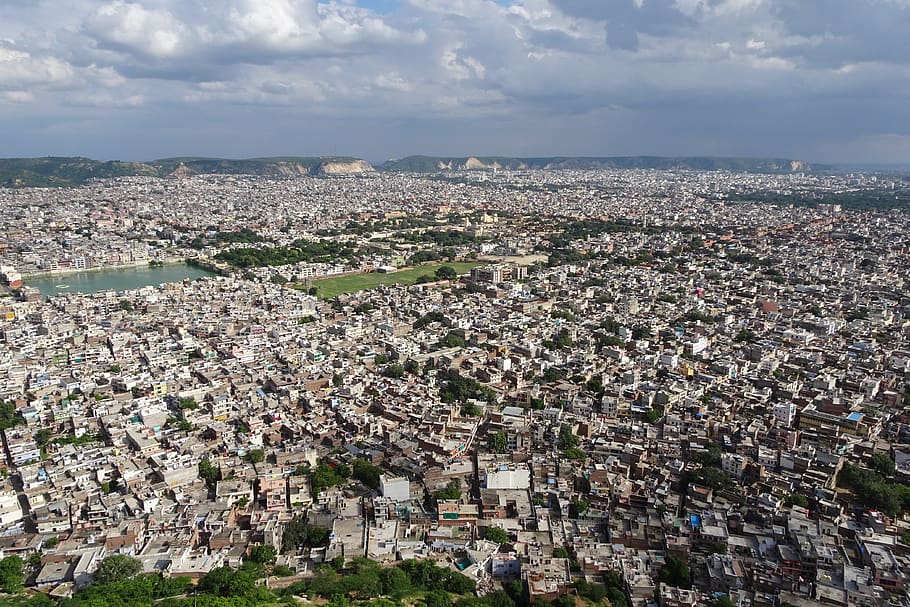 Jaipur, ciudad, vista, aérea, patrimonio, maharajá, histórico, Rajastán, India, paisaje urbano