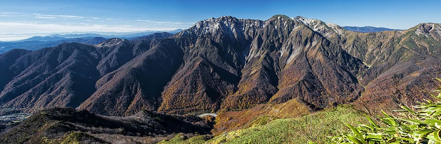 mountain range, blow sky, panoramic landscape, white water rafting, national park, late autumn, autumnal leaves, first snow, japan, mountain