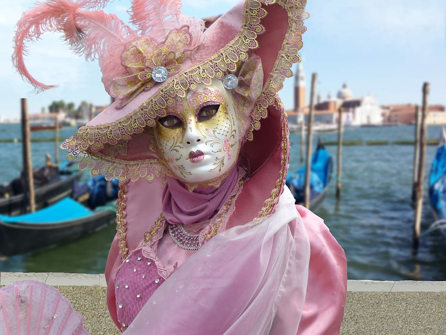 mulher, rosa, vestido de gola elizabeth, corpo, agua, colar de Elizabeth, vestido, corpo de água, máscara de Veneza, carnaval de Veneza