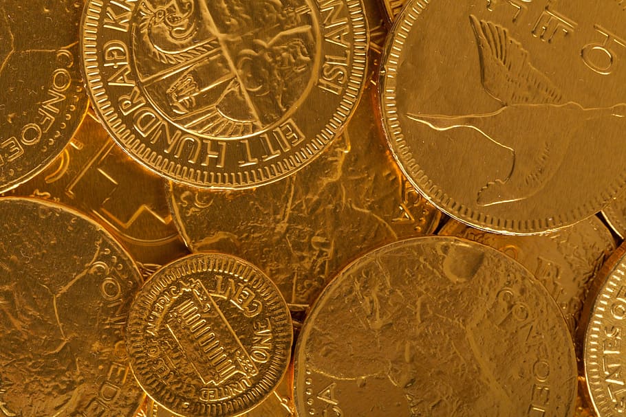 close-up photo, round gold-colored coins, golden, treasure, finance, business, shiny, food, money, coins