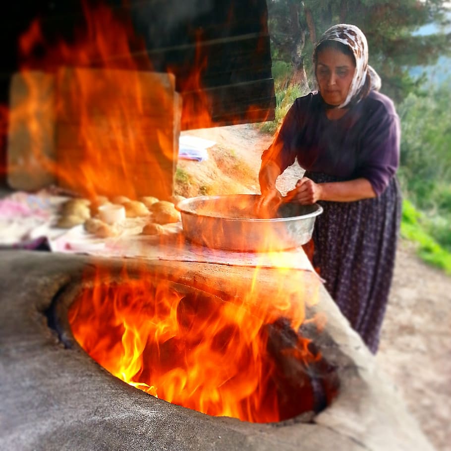 bread, village, the village woman, tandoor, flame, dough, tandoori bread, burning, heat - temperature, fire