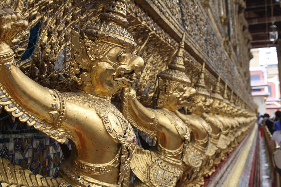 bangkok, big palace, thailand, garuda, sculpture, gold colored, statue, art and craft, human representation, representation