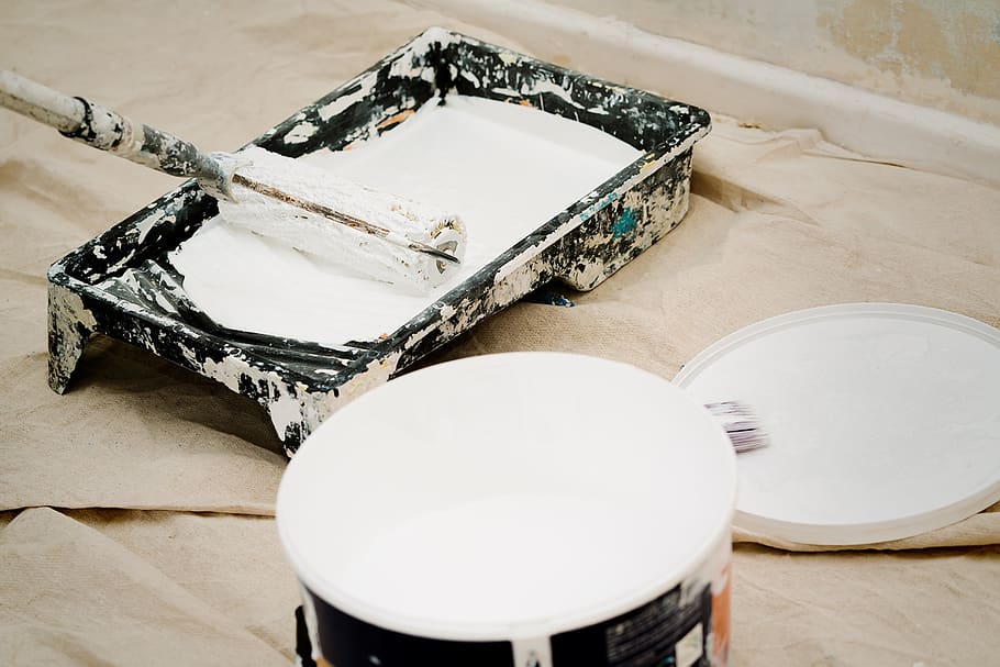 paint, interior paint, paint bucket, renovation, painting, interior painting, home improvement, paint can, white paint, paint brush