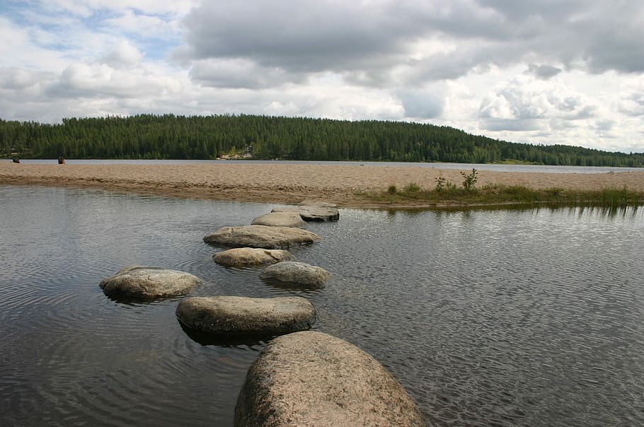 boulders, body, water, Beach, Lake, Stones, Step, Exceed, the stones, lake in finland