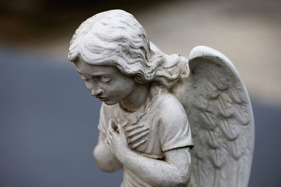 ángel de piedra, alas, estatua, escultura, decoración, luto, triste, cementerio, naturaleza, al aire libre