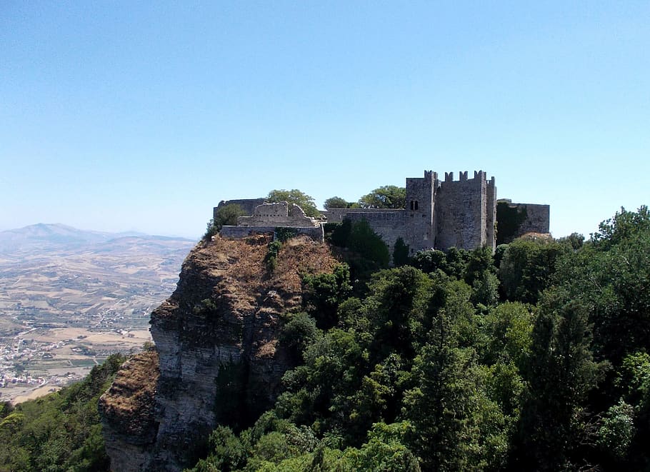 sicily, castle, erice, landscape, fortification, italy, mountain, sky, clear sky, tree