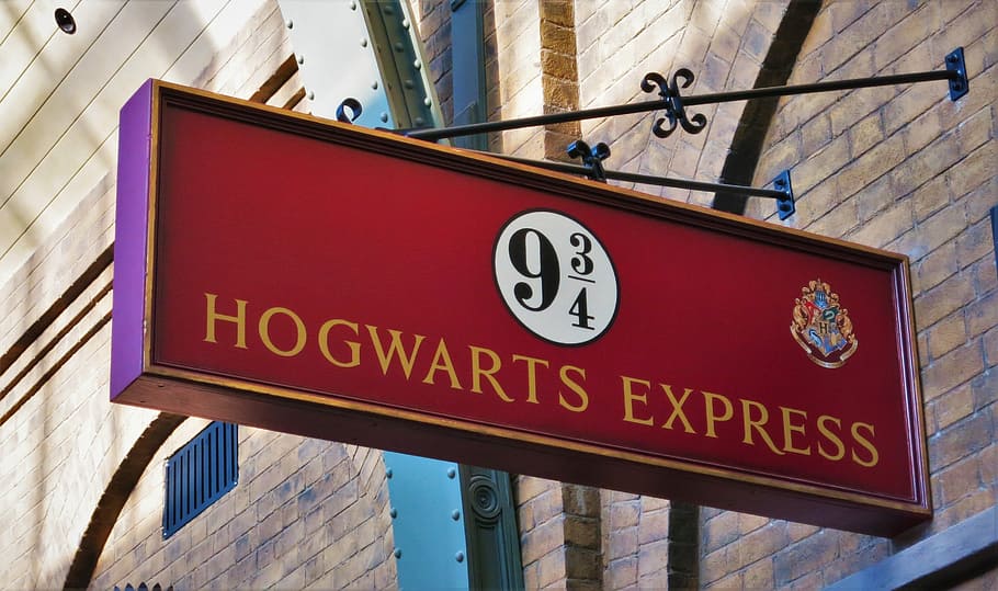 platform 9 3/4 hogwarts, express, signage, Platform, Hogwarts Express, harry potter, track sembilan sembilan, studio universal stasiun, taman hiburan, amerika serikat