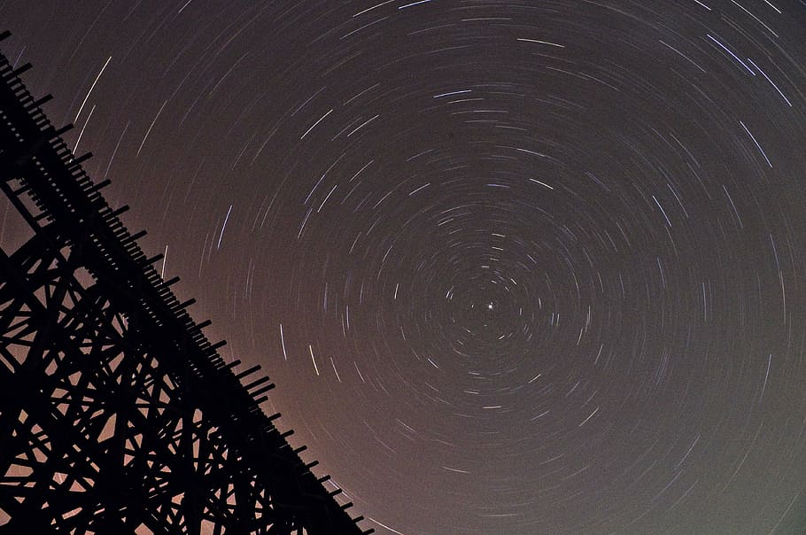 stars, bridge, night, star trails, trails, timelapse, time-lapse, time lapse, astronomy, train bridge