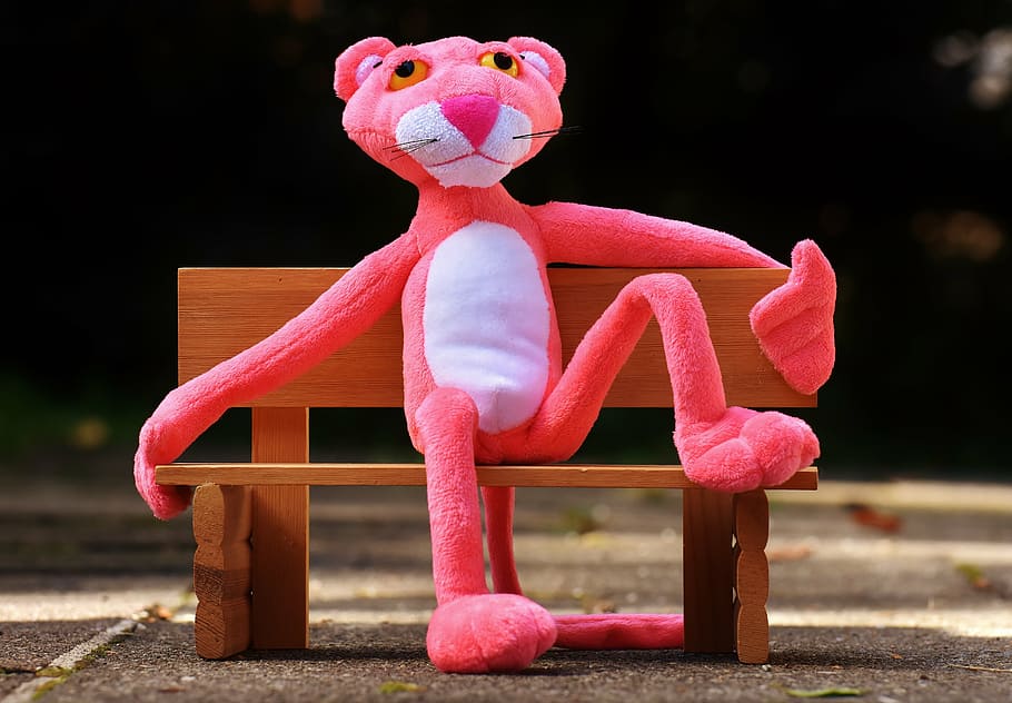 pink, panther, plush, toy, pink panther, bank, rest, sit, figure, funny