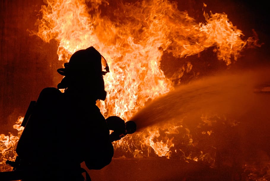 silhouette, fireman, putting, fire, putting out, firefighter, training, live, protection, danger