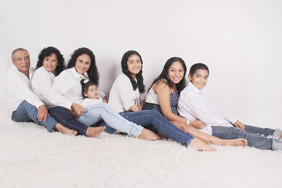 blue denim pants, family photo, happiness, parents, douthers, son, trencito, group of people, women, togetherness