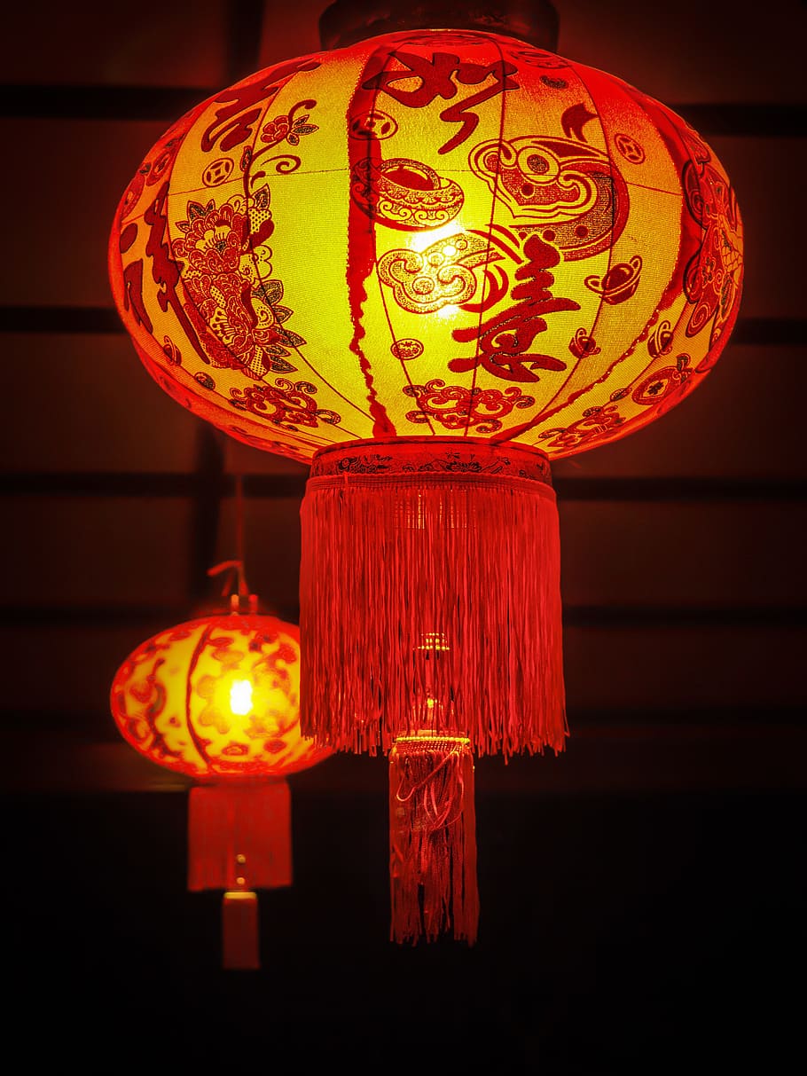 two, lanterns, Chinese New Year, Lantern, Night, celebration, china, greeting, culture, asian