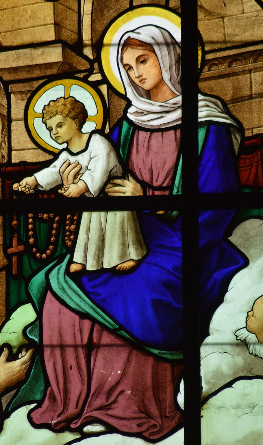 stained glass, window, church, detail, mary, jesus, child, knees, rosary, hands