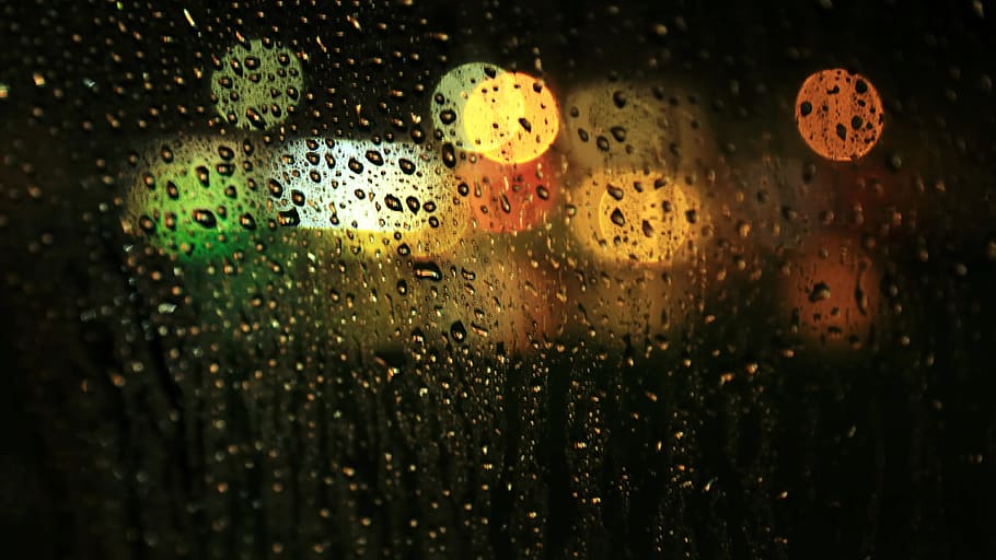 masih, jendela, kaca, hujan, tetesan hujan, air, tetesan, kelembaban, lampu, basah