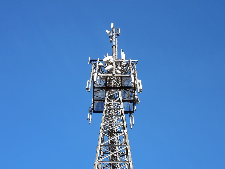 low-angle photography, gray, tower, blue, sky, transmission tower, send, radio, reception, antenna