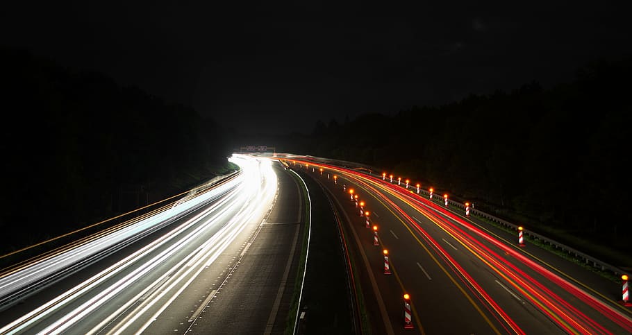 timelapse photography, traveling, vehicles, nighttime, highway, long exposure, spotlight, night, tracer, traffic