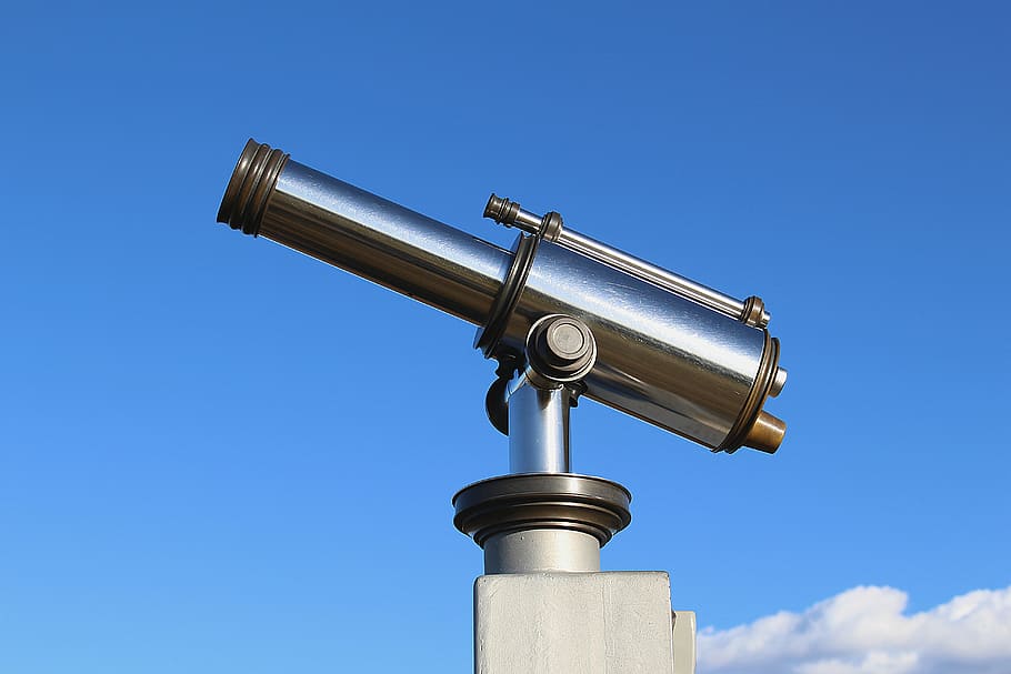 telescopio, mirador, telescopio de monedas, azul, cielo, seguridad, metal, vigilancia, ninguna gente, naturaleza