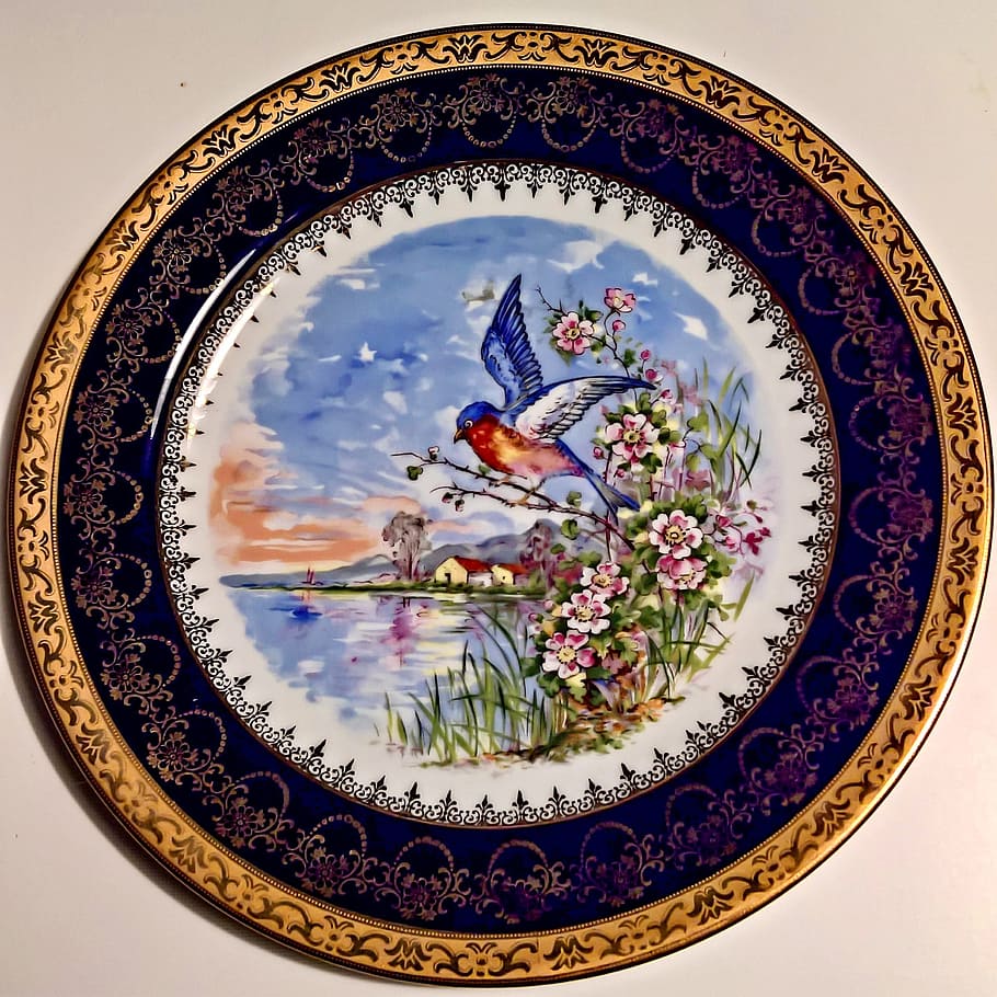 Porcelain, Plate, Hand, Painted, hand painted, french porcelain factory, rand in cobalt blue and gold, landscape with lake, birds and flowers, soft colors