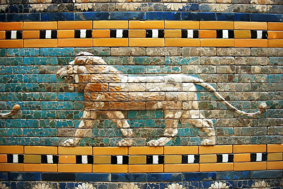 lion wall, embossed, decor, leo, mosaic, art, museum, berlin, germany, babylon