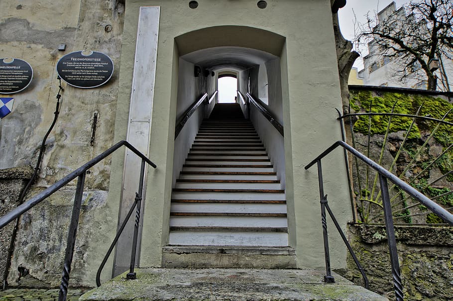 wasserburg, inn, old town, graveyard staircase, architecture, built structure, the way forward, direction, staircase, railing