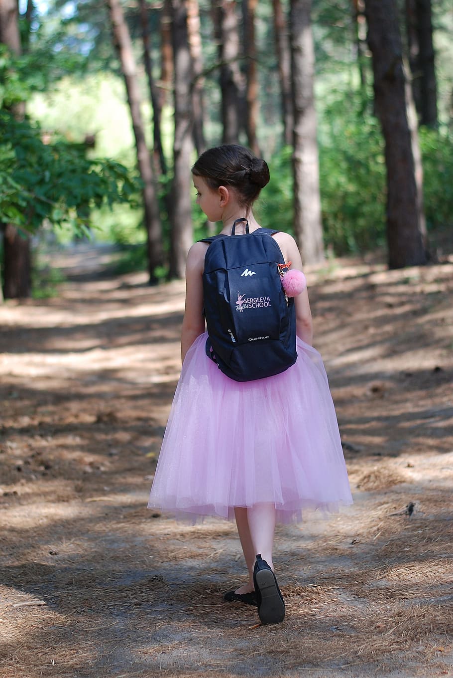 girl, wearing, backpack, walking, pathway, ballet, ballerina, ballet tutu, dancer, choreography