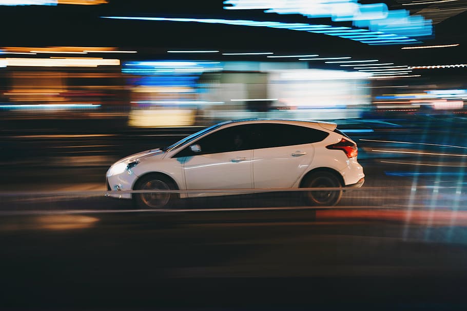 time-lapse, photography, white, ford, focus, 5-door, hatchback, lights, background, road
