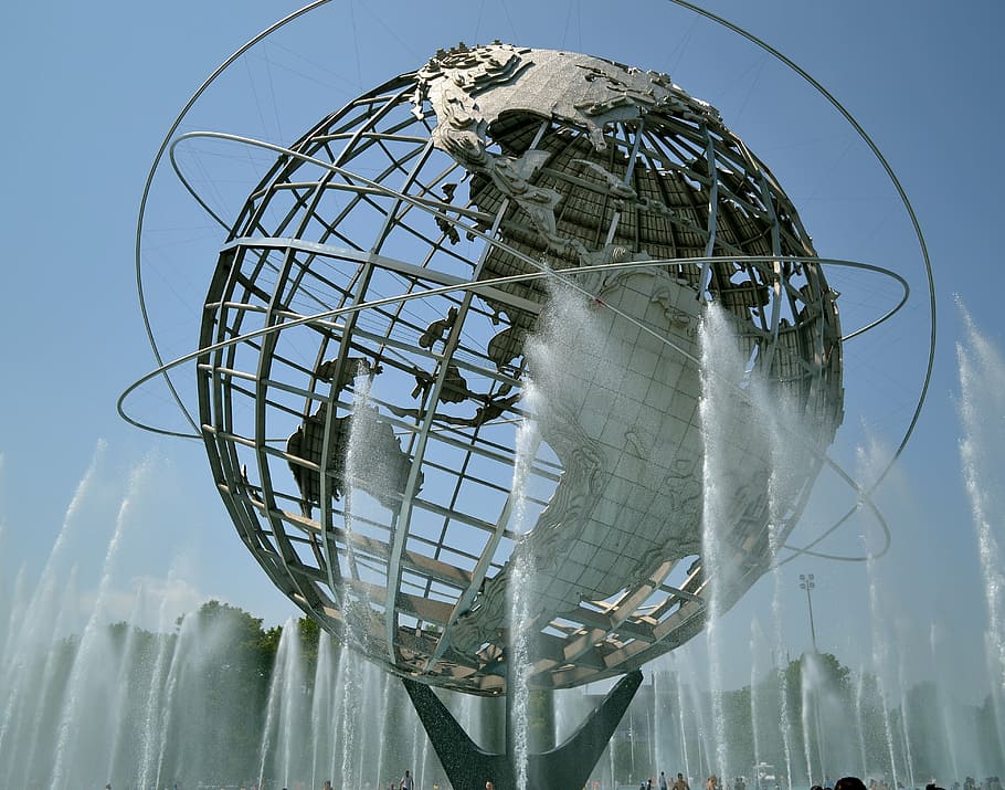 world's fair, globe, earth, landmark, monument, sphere, park, metal, america, attraction