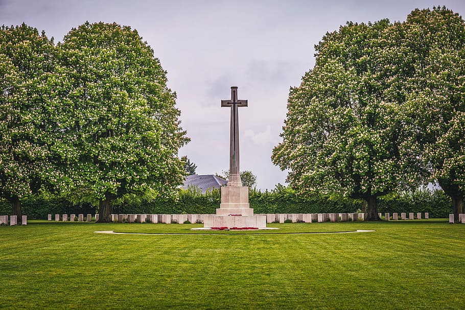 gray, concrete, cross, statue, trees, daytime, memorial, cemetery, military, d-day