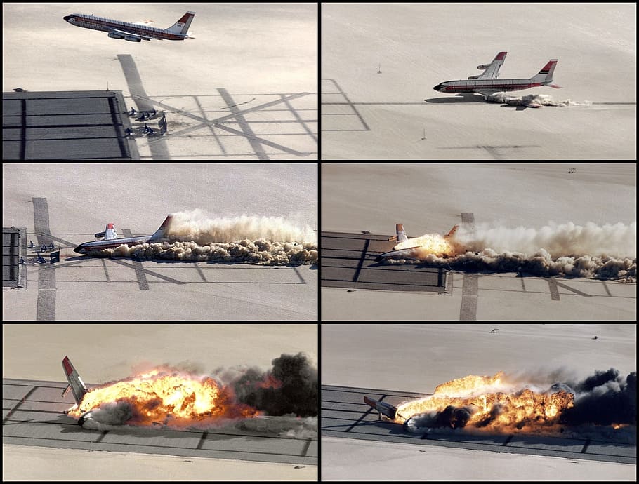 white airplane collage, plane crash, crash, crash landing, impact, accident, test, explosion, aircraft, analysis