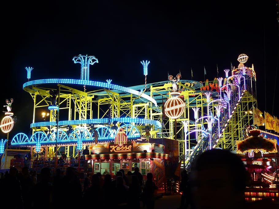 taman hiburan, malam hari, Naik, Roller Coaster, Folk, Festival, festival rakyat, tahun pasar, korsel, carnies