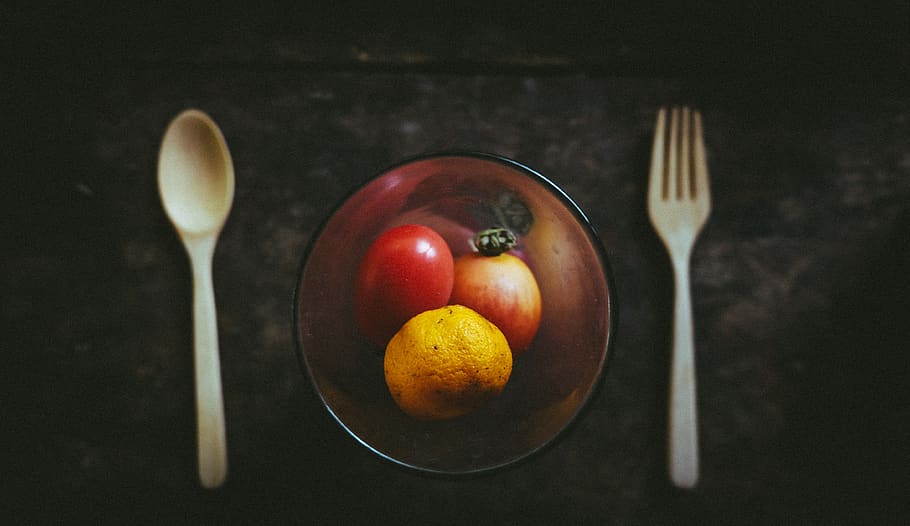 food, fruit, glass, wooden, spoon, fork, table, kitchen utensil, food and drink, eating utensil