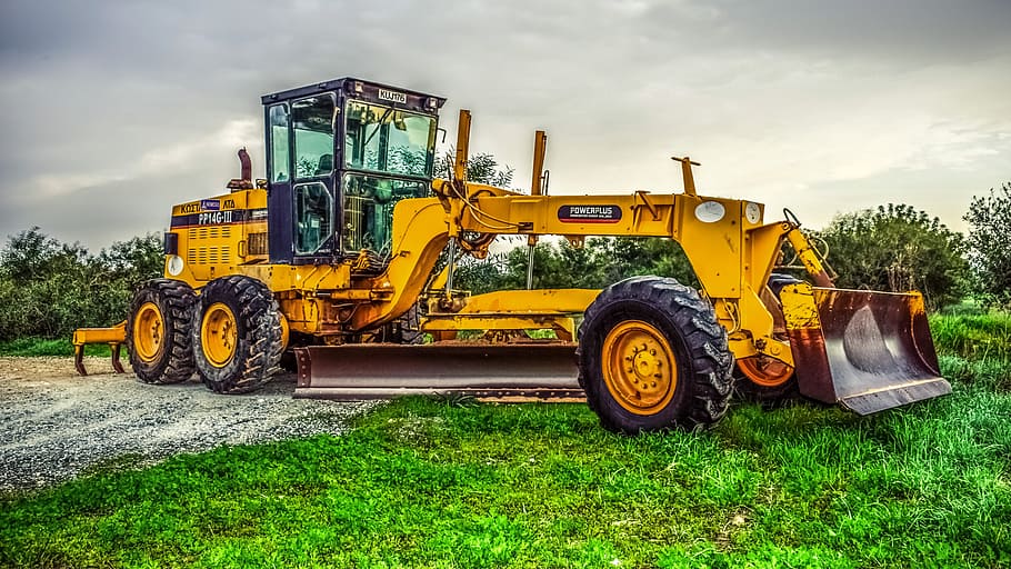 yellow, excavator, green, grass, machine, tractor, heavy, wheel, grader, heavy machine