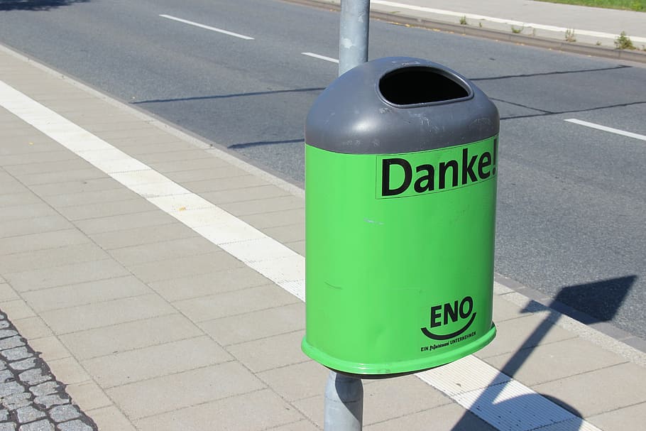 garbage can, waste, thank you, road, sign, communication, green color, street, text, safety