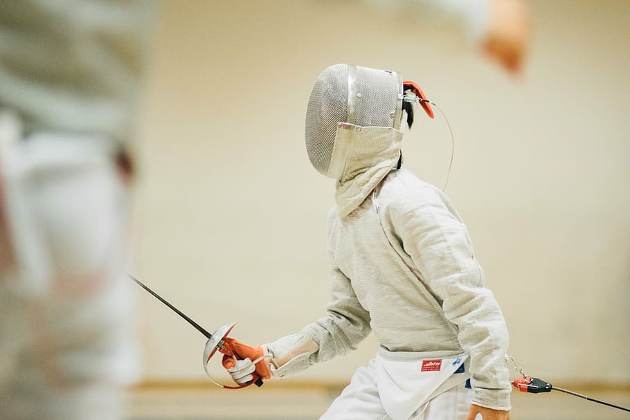 selective, focus photography, person, wearing, fencing gear, inside, room, people, man, teen