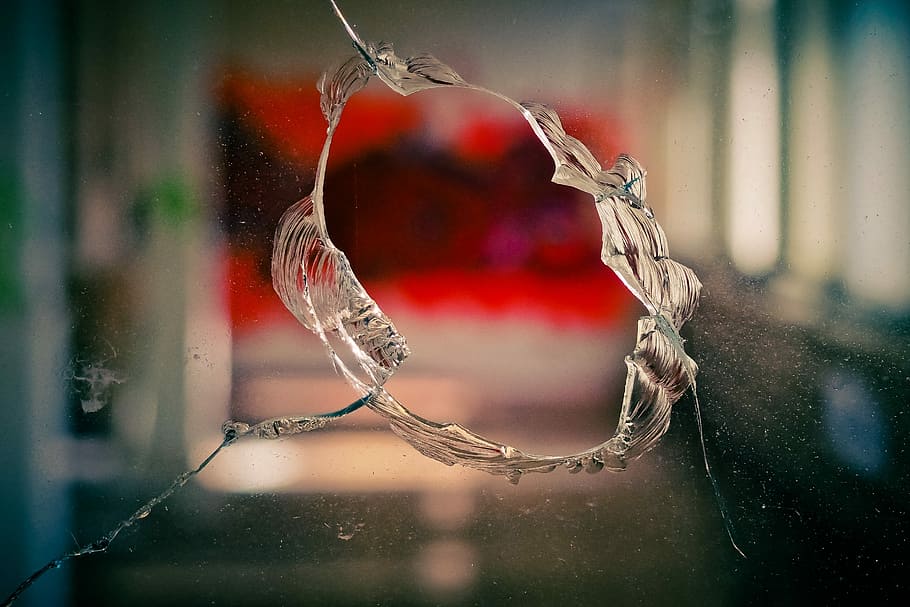 selective, focus photography, circular, crack, clear, glass, window, old window, disc, by looking