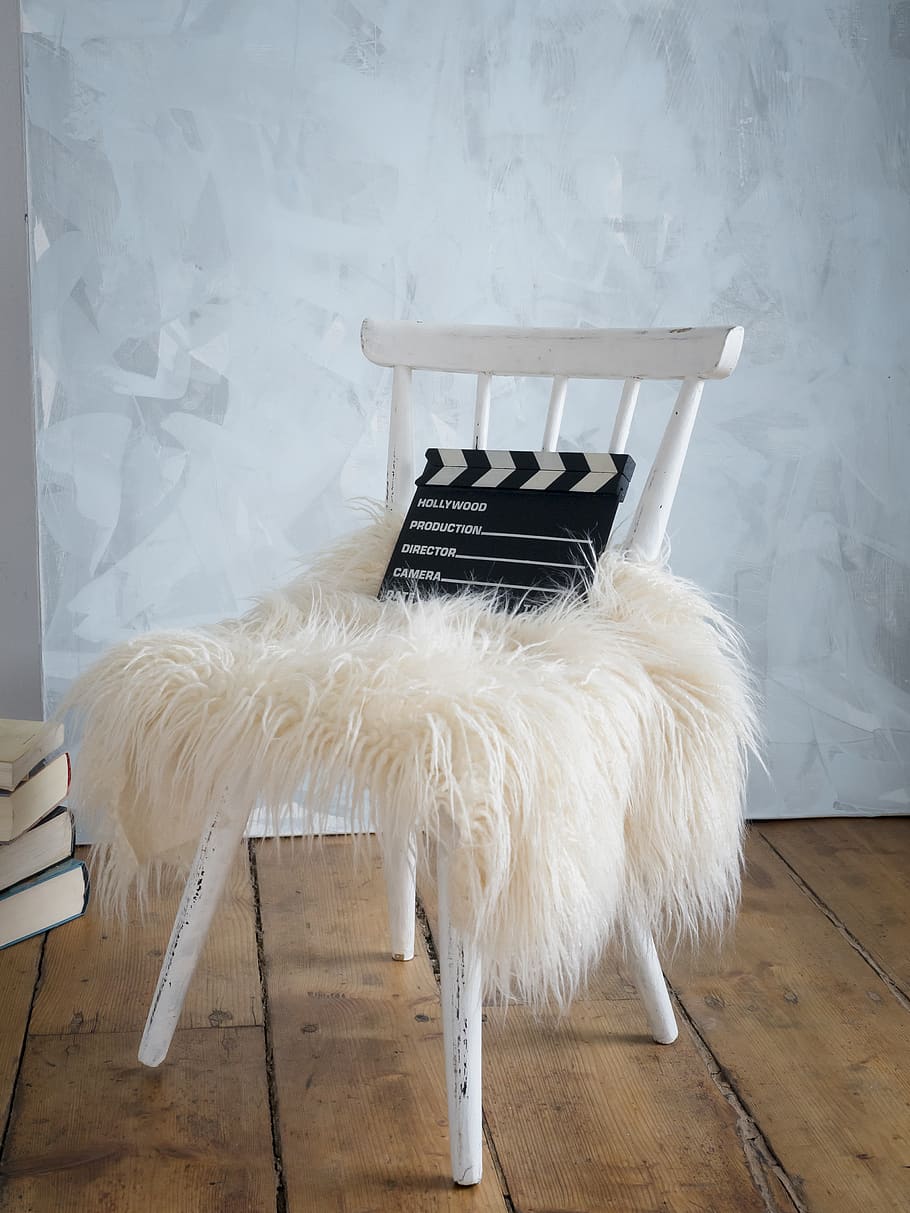chair, room, studio, fur, flap, video, board, books, seat, white color