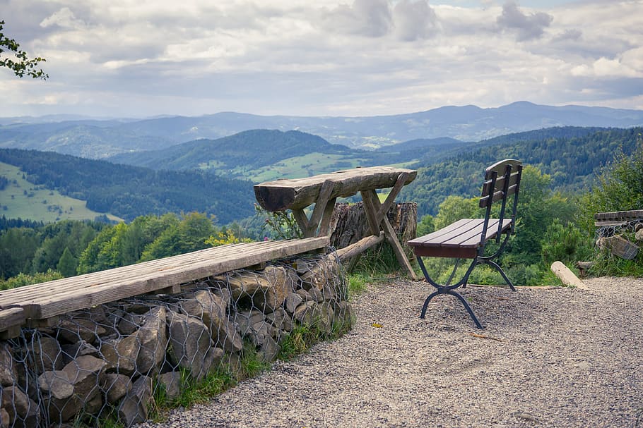 mountains, bench, dining table, view, clouds, holiday, mountain hut, landscape, tourism, beskid sądecki