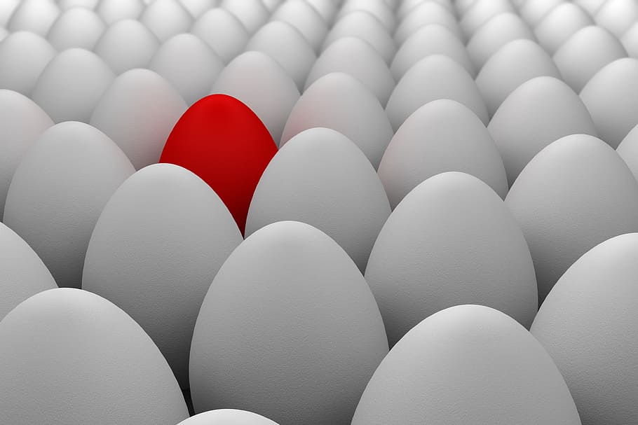 red, egg, surrounded, white, eggs, stand out, i'm different, be found, standing out from the crowd, large group of objects