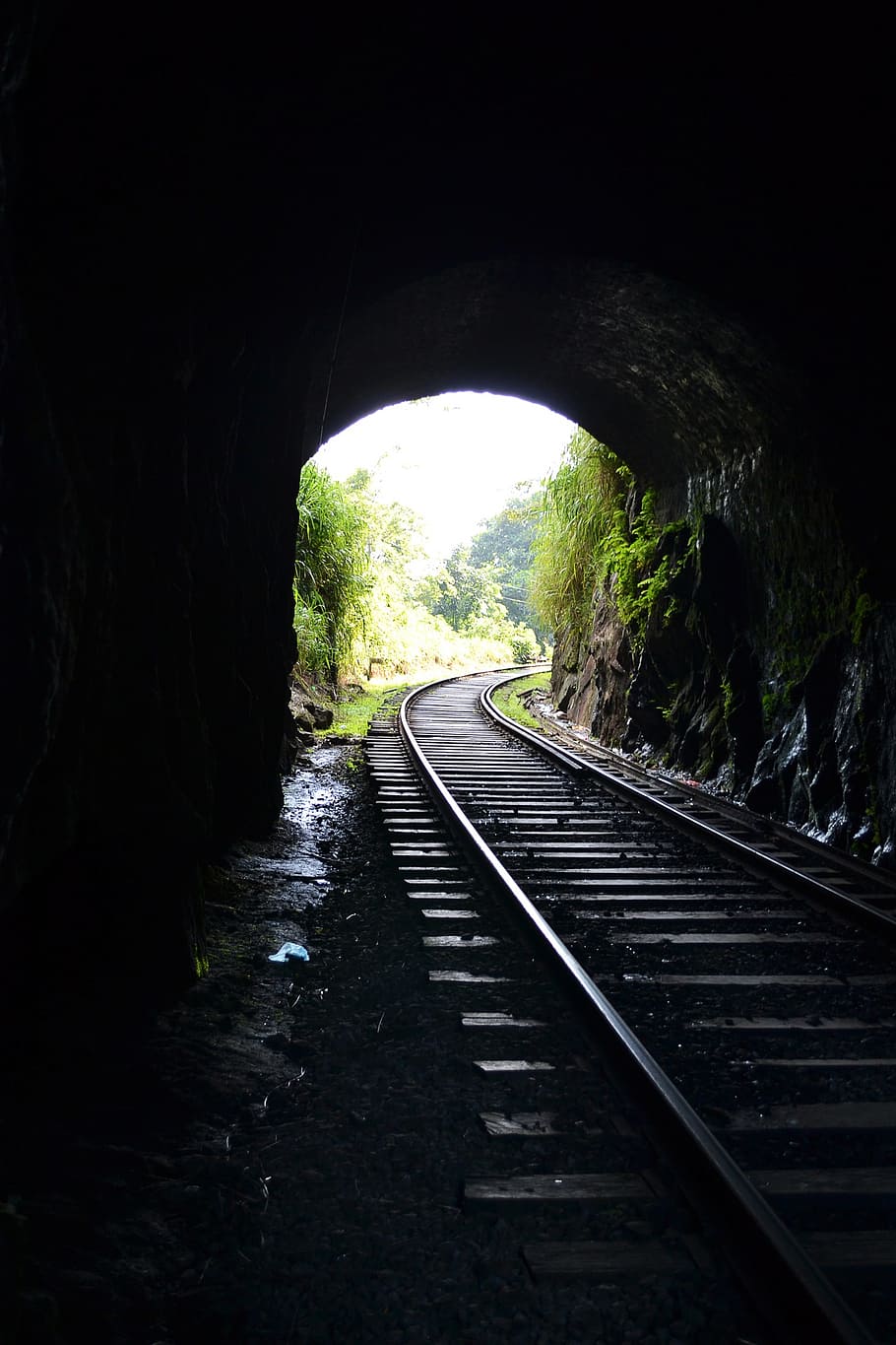 train rail, tunnel, railroad, light, light comes through, sun set, rail, train, transport, dark