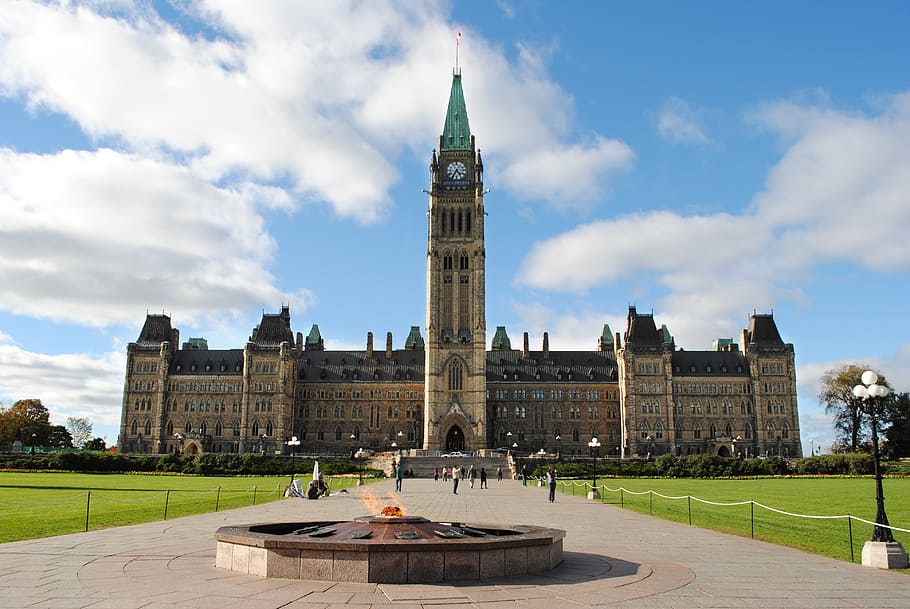 coklat, beton, struktur, berawan, biru, langit, ottawa, parlemen, kanada, pemerintah