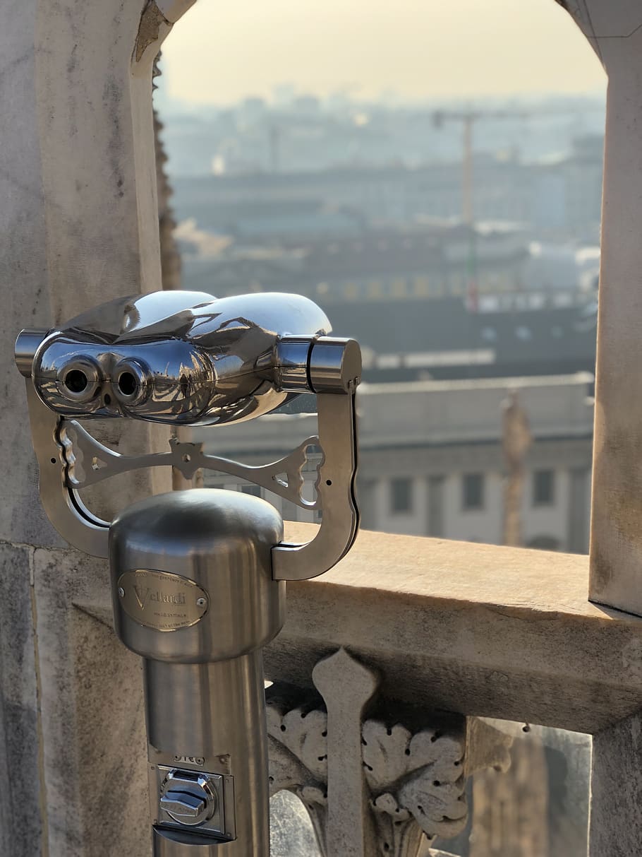 terraza, duomo, milano, italia, lombardia, europa, arquitectura, vistas, con monedas, binoculares