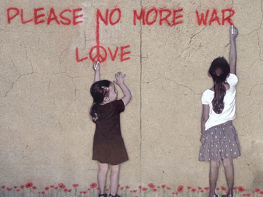 dua, anak perempuan, menulis, ilustrasi dinding, perdamaian, grafiti, seni jalanan, seni, anak-anak, perang