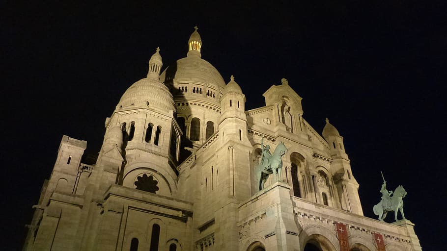 París, Francia, sacré coeur, basílica, casa de culto, iglesia, arquitectura, noche, catedral, lugar famoso
