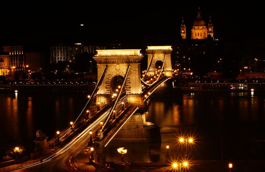 budapest, jembatan rantai, danube, hungary, sungai, kota, pada malam hari, gambar malam, jembatan, lampu