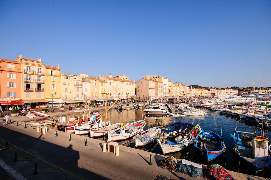 cuerpo, agua, rodeado, arquitecturas, puerto, barcos, Francia, yates, St Tropez, casco antiguo