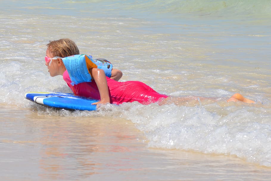 child, girl, surf, waves, surfboard, people, sports, swimming goggles, uv-resistant clothing, sea