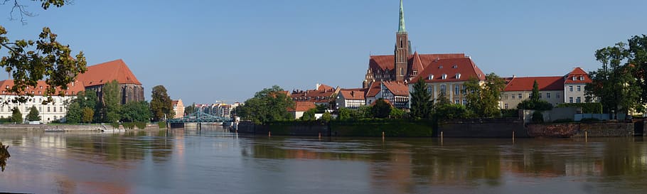 architecture, poland, body of water, river, panoramic, panorama, city church, cathedral, bridge, docks